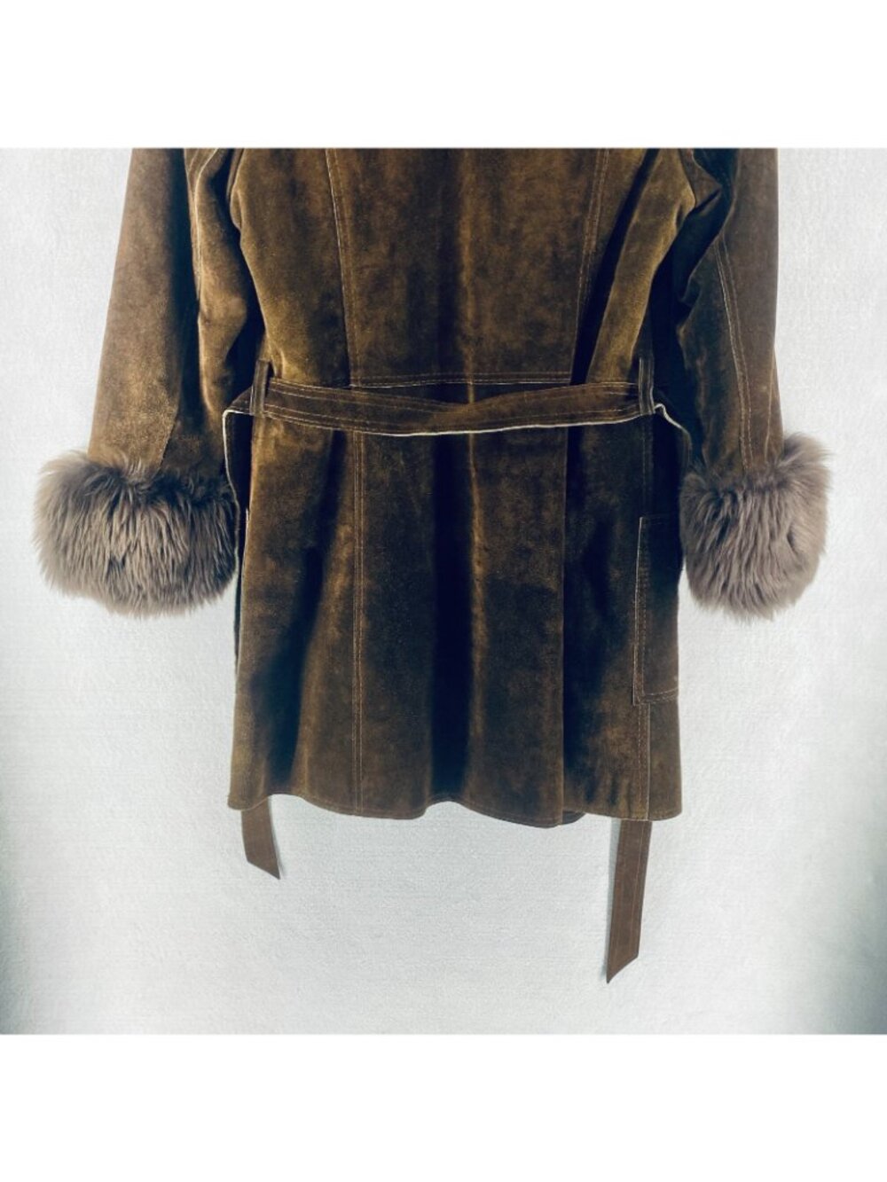 Vintage y2k Jacket Womens S Brown Suede Faux Fur Trim Belted Spain - Picture 11 of 16